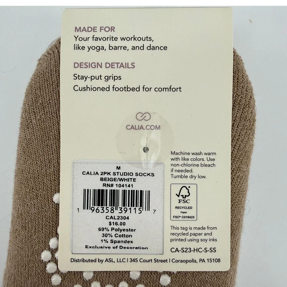 NEW Calia Womens Studio‎ Liner Socks 2 Pairs White Beige Grip Yoga Barre Dance M